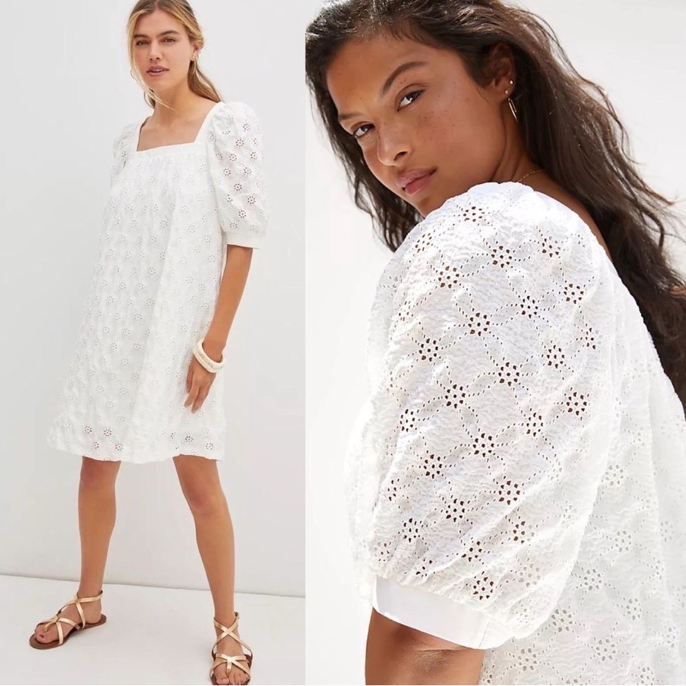 Maeve Anthropologie Eyelet Mini Dress Babydoll White Small Petite EUC
